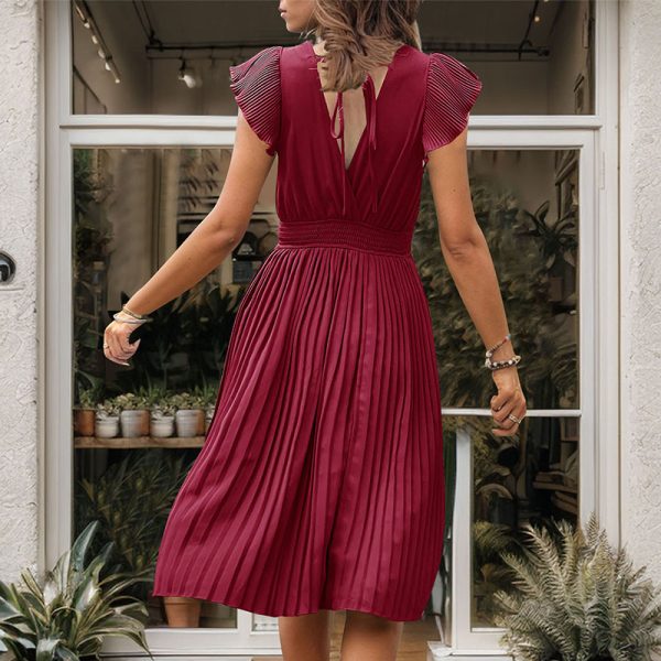 New Arrivals 2026 Women's Elegant Solid Color V-Neck Waist-Gathered Pleated Dress