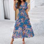 Summer Chiffon Women's Clothing Elegant Floral Print V-Neck Cinched Waist Short Sleeve Dress