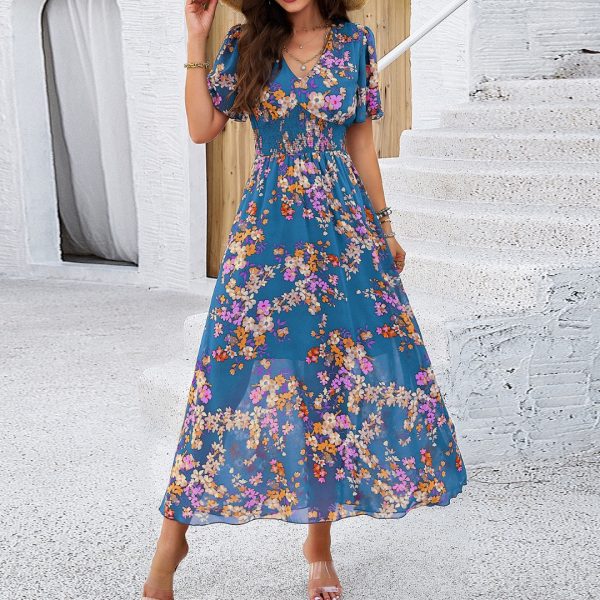 Summer Chiffon Women's Clothing Elegant Floral Print V-Neck Cinched Waist Short Sleeve Dress
