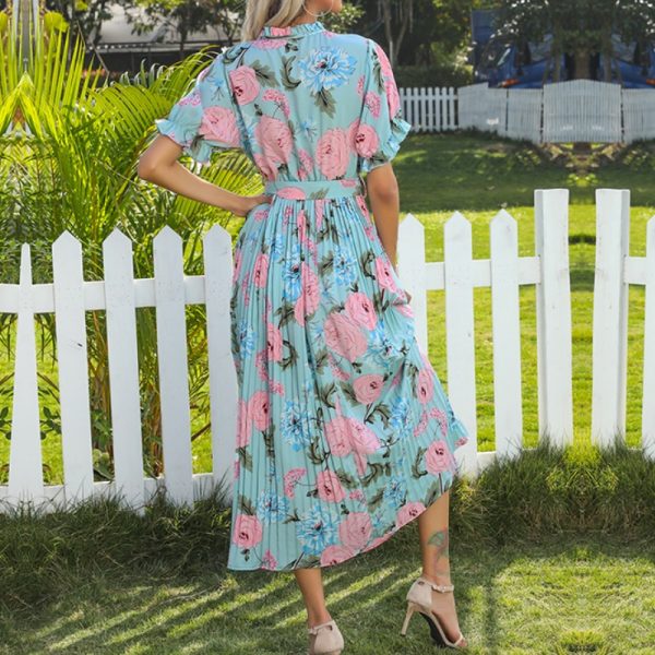 Summer Hot Selling 2026 Floral Print Elegant Style Ruffle Tie Mid-Length Pleated Dress