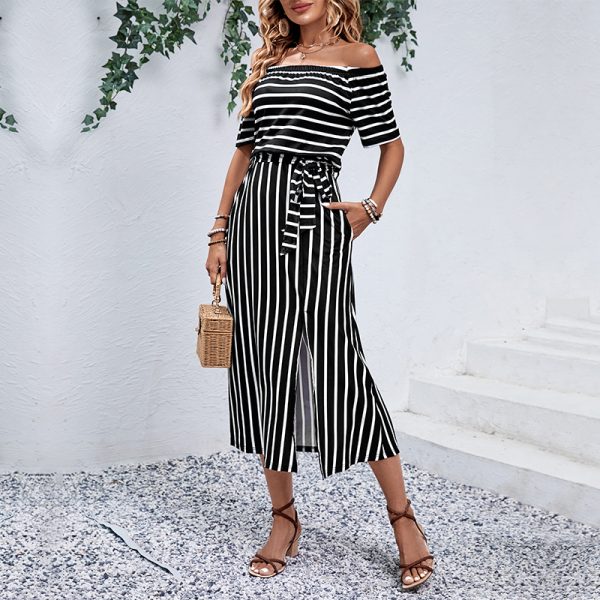 Zaba Clothing Women Summer Elegant Off-Shoulder Striped Tie Waist Midi Dress