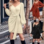 Autumn Fashion Women's Solid Color Long Sleeve V-Neck Slim Fit Tie-Waist Knee-Length Dress