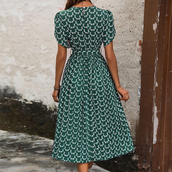 Amazon Hot Selling 2026 Elegant Fashion Floral Print Round Neck Tie Waist Dress