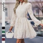 Autumn New Women's Clothing Fashionable Jacquard Tie Waist Solid Color Short Dress