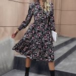 Women's Clothing High Quality Long Sleeve V-Neck Floral Print Waist-Tied Knee-Length A-Line Dress