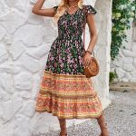 Summer Women's Clothing Elegant Floral Print V-Neck Flutter Sleeve Bohemian Midi Dress