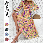Autumn Fashion Women's Chiffon Long Sleeve Tie V-Neck Waist-Tied Maxi Print Dress