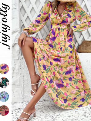 Autumn Fashion Women's Chiffon Long Sleeve Tie V-Neck Waist-Tied Maxi Print Dress