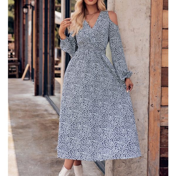 2026 New Arrivals Autumn Women's Fashion Casual Off-Shoulder Floral V-Neck Long Sleeve Maxi Dress
