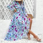 Autumn Fashion Women's Chiffon Long Sleeve Tie V-Neck Waist-Tied Maxi Print Dress