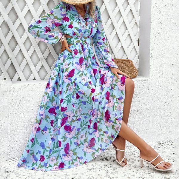 Autumn Fashion Women's Chiffon Long Sleeve Tie V-Neck Waist-Tied Maxi Print Dress