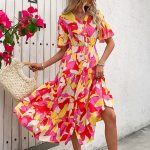 Amozan Hot Selling 2026 Fashion Resort Style V-Neck Floral Print Midi Dress