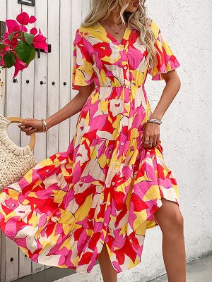 Amozan Hot Selling 2026 Fashion Resort Style V-Neck Floral Print Midi Dress