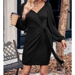 Autumn Fashion Women's Solid Color Long Sleeve V-Neck Slim Fit Tie-Waist Knee-Length Dress