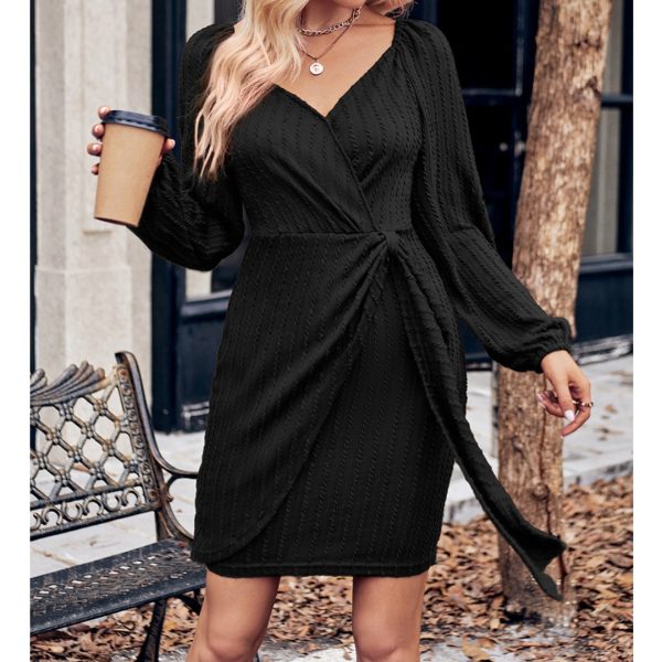 Autumn Fashion Women's Solid Color Long Sleeve V-Neck Slim Fit Tie-Waist Knee-Length Dress