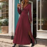 Autumn New Arrivals Women's Clothing Elegant Lace Spliced V-Neck Solid Color Slit Slim Fit Maxi Dress