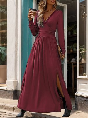 Autumn New Arrivals Women's Clothing Elegant Lace Spliced V-Neck Solid Color Slit Slim Fit Maxi Dress