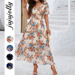 Summer Chiffon Women's Clothing Elegant Floral Print V-Neck Cinched Waist Short Sleeve Dress
