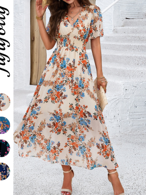 Summer Chiffon Women's Clothing Elegant Floral Print V-Neck Cinched Waist Short Sleeve Dress