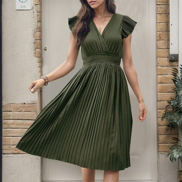 New Arrivals 2026 Women's Elegant Solid Color V-Neck Waist-Gathered Pleated Dress