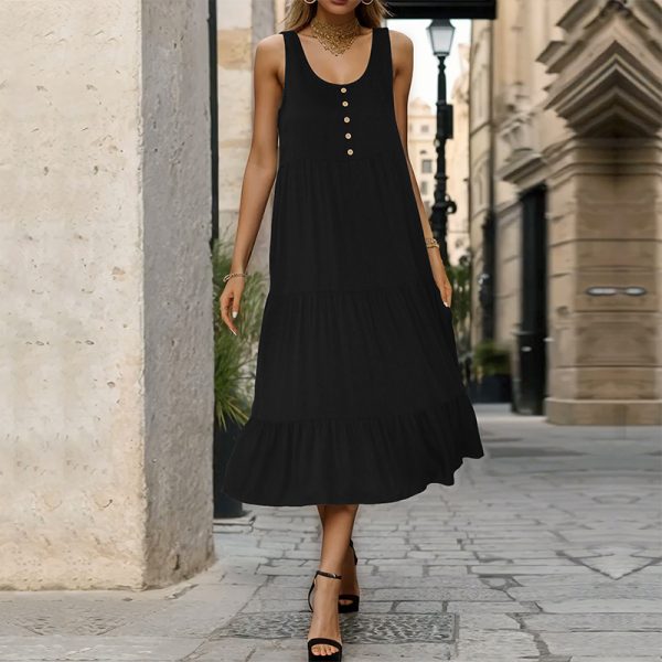 Summer New Women's Clothing Simple Elegant Sleeveless U-Neck Loose Midi Dress