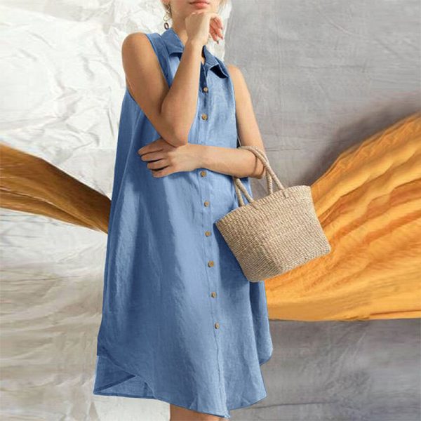 Summer Fashion Women's Solid Color Loose Fit Knee-Length Sleeveless Shirt Dress