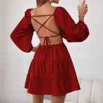 Autumn 2026 New Arrivals Sexy Long Sleeve Backless Tie Puff Sleeve Square Neck Short Dress