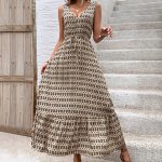 Zaba Clothing Women's Elegant Diamond Print Sleeveless V-Neck Tie-Waist Maxi Dress
