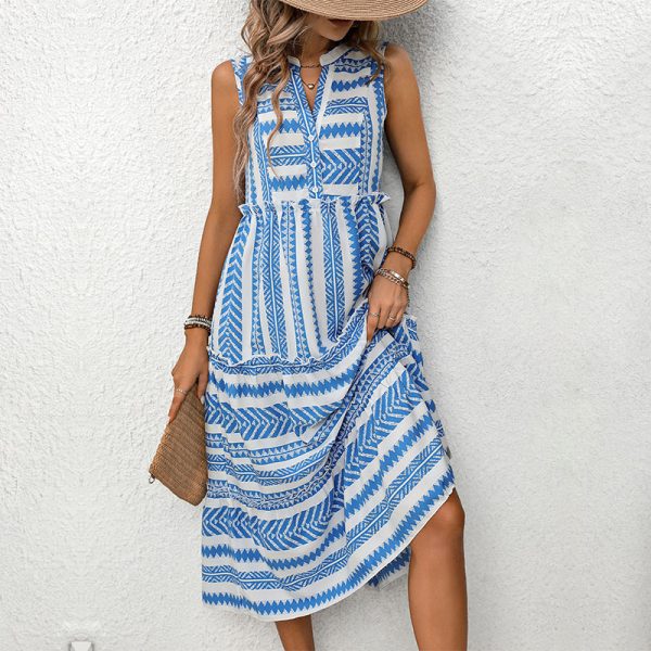 Summer New Women's Clothing Bohemian Vacation Style Geometric Print V-Neck Sleeveless Dress