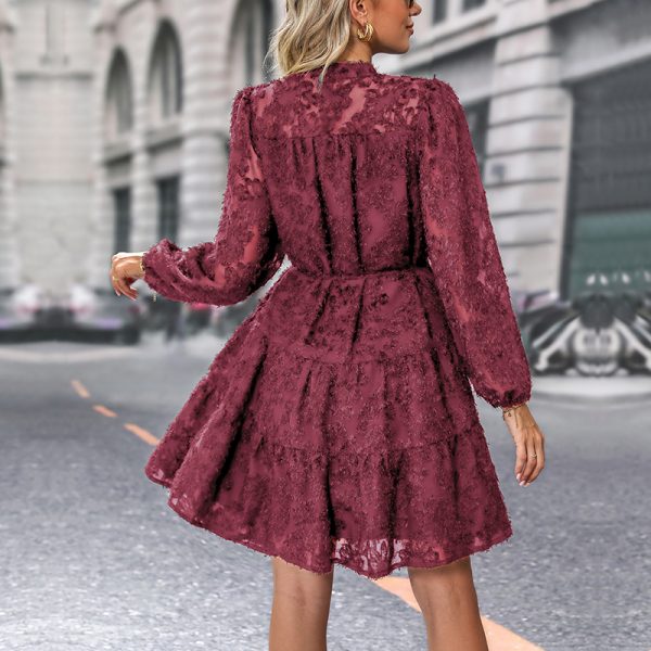 Autumn New Women's Clothing Fashionable Jacquard Tie Waist Solid Color Short Dress