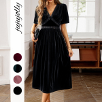 Women's Clothing Summer 2026 Elegant Solid Color Velvet Embroidered Spliced V-Neck Short Sleeve Midi Dress