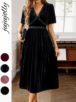 Women's Clothing Summer 2026 Elegant Solid Color Velvet Embroidered Spliced V-Neck Short Sleeve Midi Dress