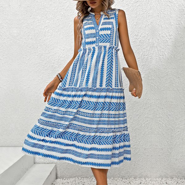 Summer New Women's Clothing Bohemian Vacation Style Geometric Print V-Neck Sleeveless Dress