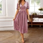 Women's Clothing Summer 2026 Elegant Solid Color Velvet Embroidered Spliced V-Neck Short Sleeve Midi Dress