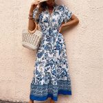 Summer New Women's Clothing Elegant V-Neck Blue Vintage Floral Print Waist-Tied Midi Dress