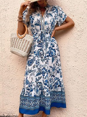Summer New Women's Clothing Elegant V-Neck Blue Vintage Floral Print Waist-Tied Midi Dress