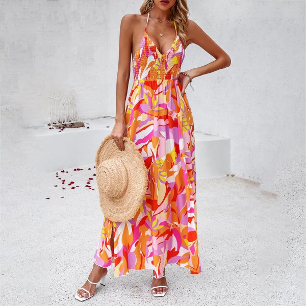 2026 New Arrivals Summer Sexy Beach Vacation Style Printed V-Neck Halter Dress