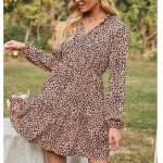 2026 New Arrivals Autumn Elegant French V-Neck Tie Animal Print Long Sleeve Knee-Length Dress