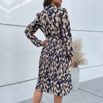 Elegant Woman Dress Autumn New V-Neck Ruched Print Tie Waist Long Sleeve Midi Dress