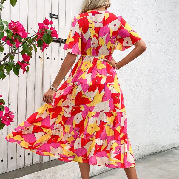 Amozan Hot Selling 2026 Fashion Resort Style V-Neck Floral Print Midi Dress