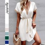 Women's Clothing Summer 2026 Casual Fashion Lace Patchwork V-Neck Tie-Up Short Dress