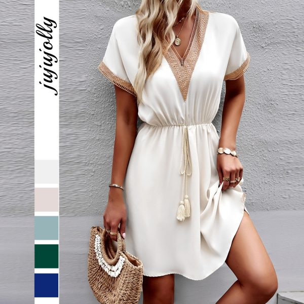 Women's Clothing Summer 2026 Casual Fashion Lace Patchwork V-Neck Tie-Up Short Dress