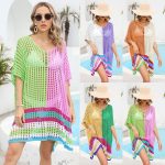 High quality color blocking elegant knitwear women pullover oversize U-neck knitted hollow out beach dress