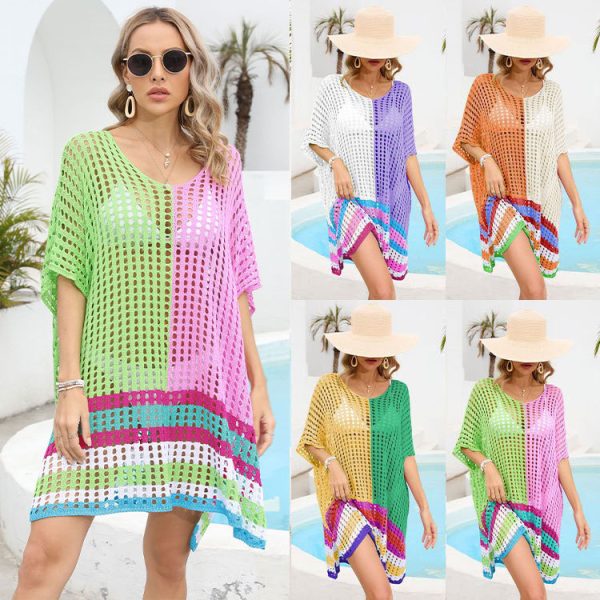 High quality color blocking elegant knitwear women pullover oversize U-neck knitted hollow out beach dress