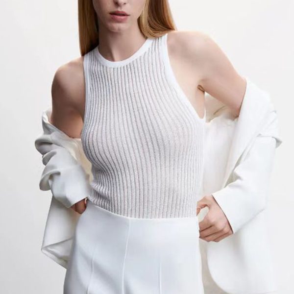 Spring Summer Sleeveless round neck thin slim fit Rib knitwear Casual striped hollow out breathable wool vest