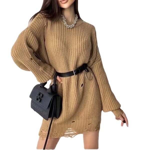 Hot sales oversize pure color knitwear o-neck elegant hollow out knitted women dress sweaters