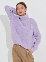 New arrivals rolled collar knitwear lantern sleeve knitted pure color tops oversize pullover casual sweaters women