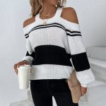 Hot selling round neck hollow out halter sweaters pullover color blocking casual striped jumpers mujer