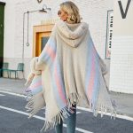 Hooded shawl women cappa autumn winter fur collar sweaters coats striped knitted fringe cape