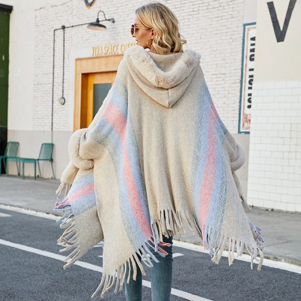 Hooded shawl women cappa autumn winter fur collar sweaters coats striped knitted fringe cape